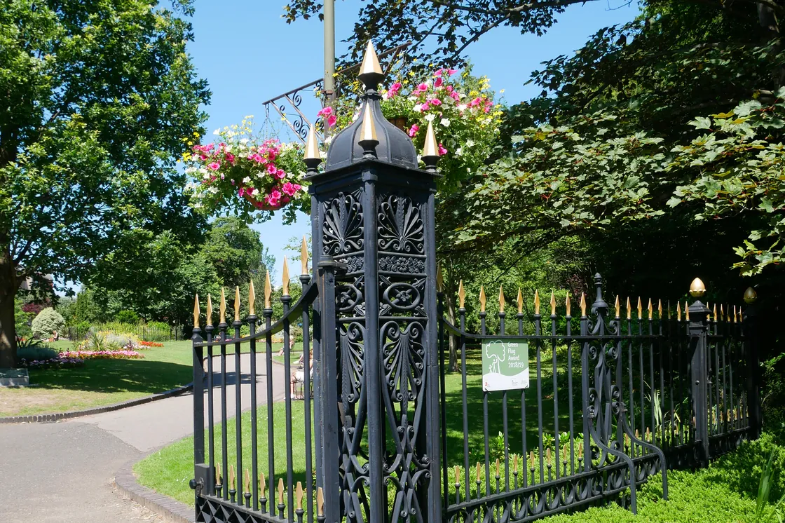 The gates and park at Queen's Garden, Bromley