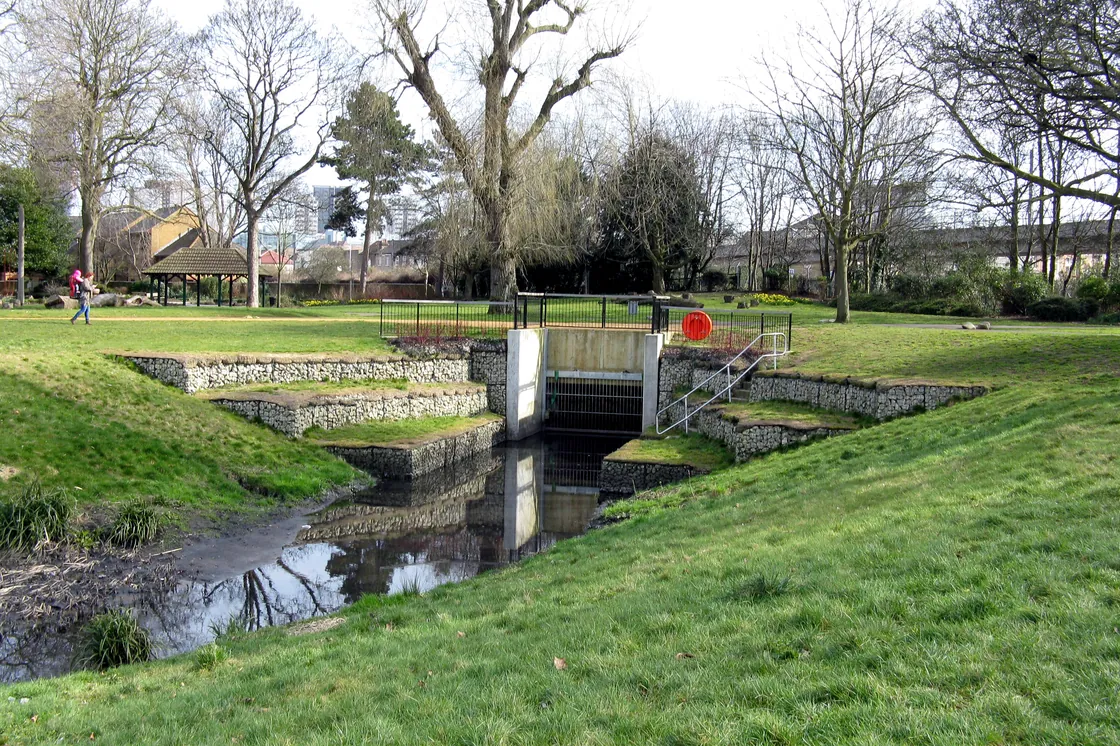 The stream running through Wandle Park, Croydon