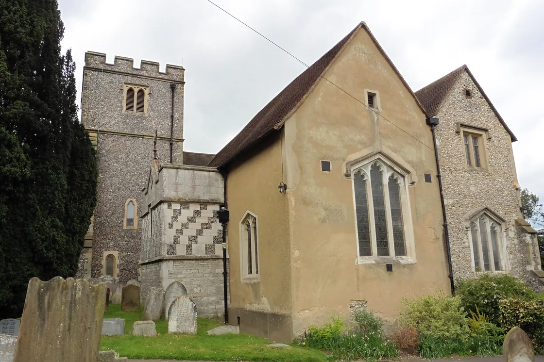 The flint tower of St John the Baptist church, West Wickham